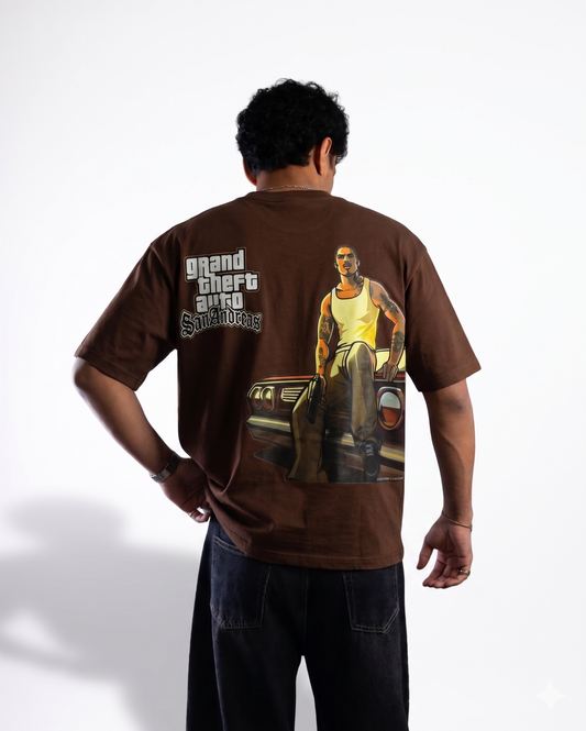 "SAN ANDREAS" Oversized T-Shirt- Brown